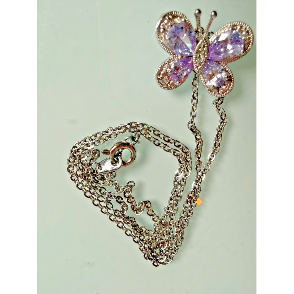 Silver Tone Pink Lavender Pear Cut CZ Butterfly Pendant Necklace Clear Pavé Trim